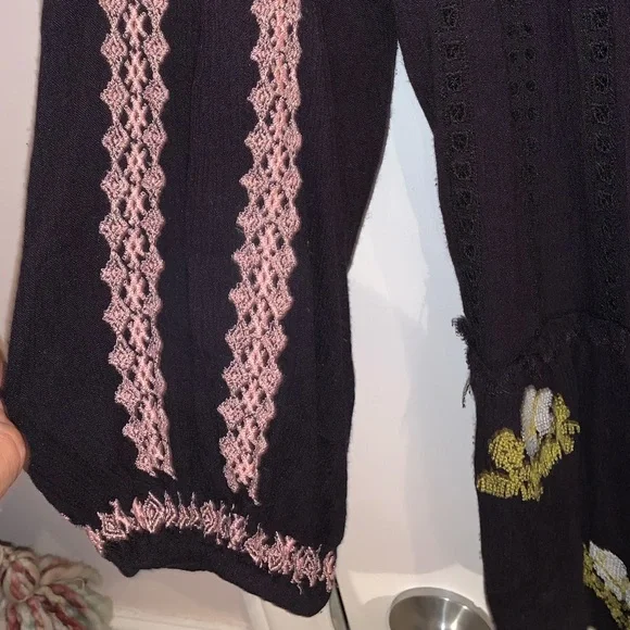 Free People Bo-Ho long sleeve black Dress with embroidery flowers size Medium - Picture 5 of 16